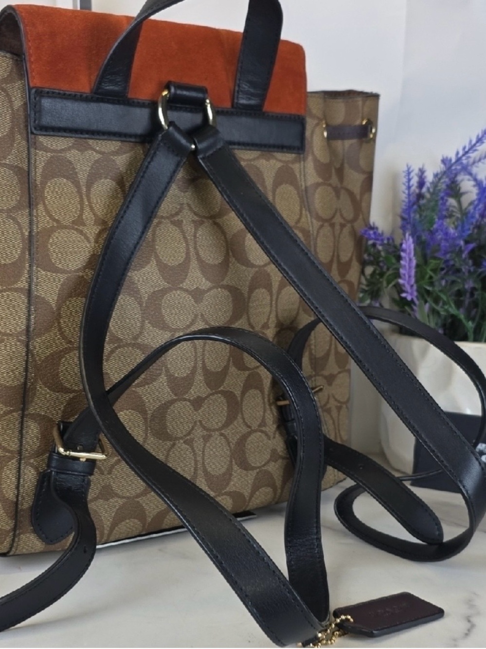 Coach Kleo Backpack Khaki Multi Signature Canvas C5693 - Brown W/Orange Suede - Picture 2 of 4